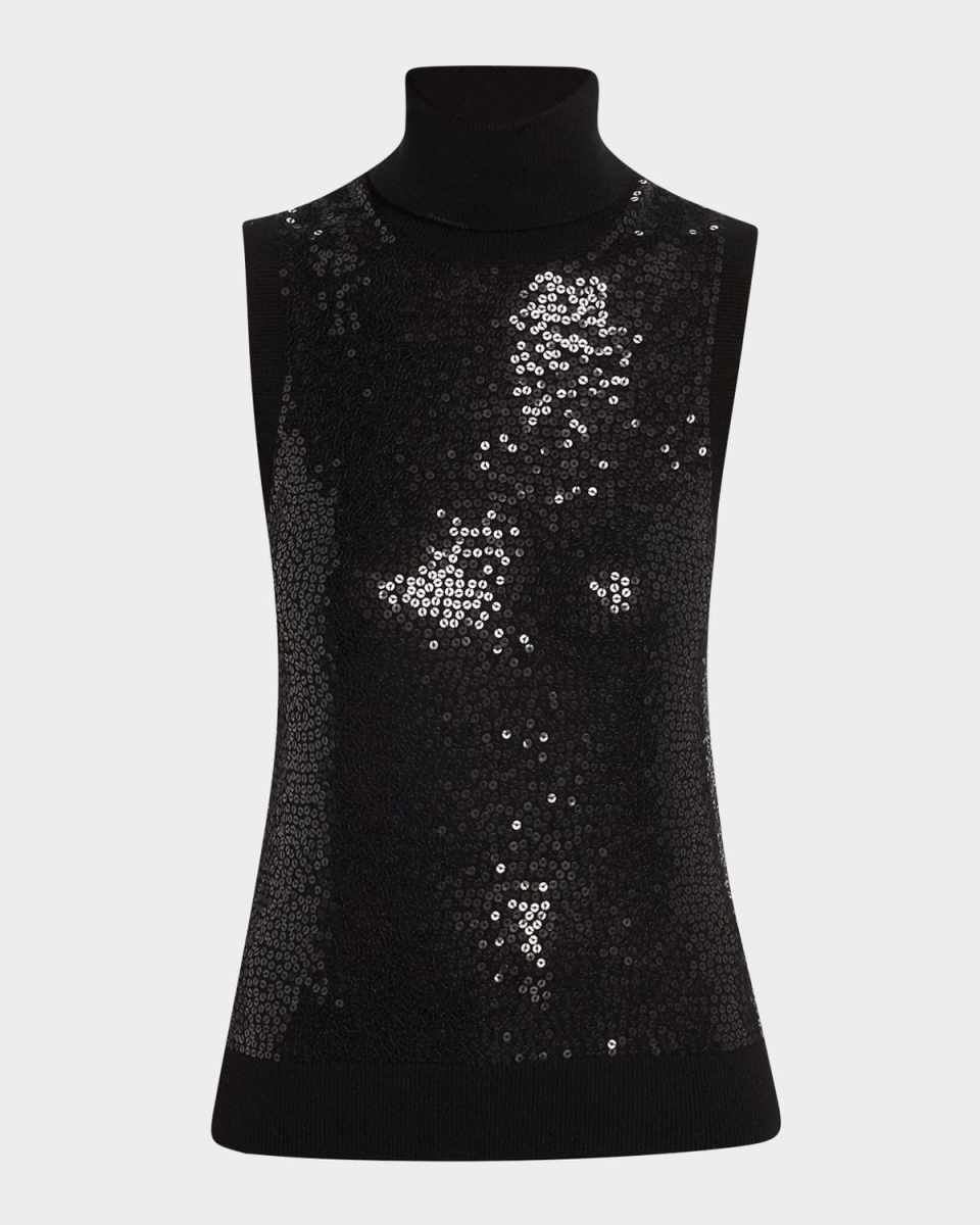 Sequined Sleeveless Cashmere Turtleneck